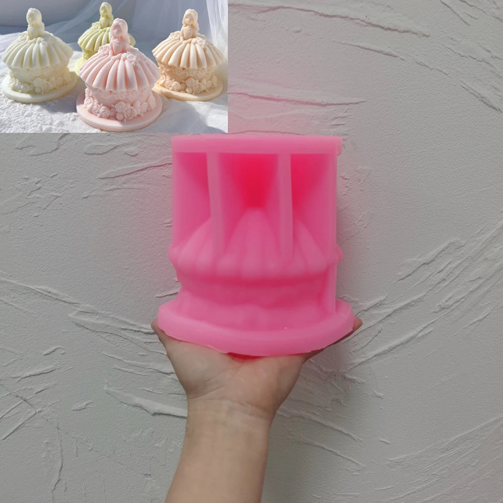 Pink One Layer Design mold beside full-skirt doll cake examples
