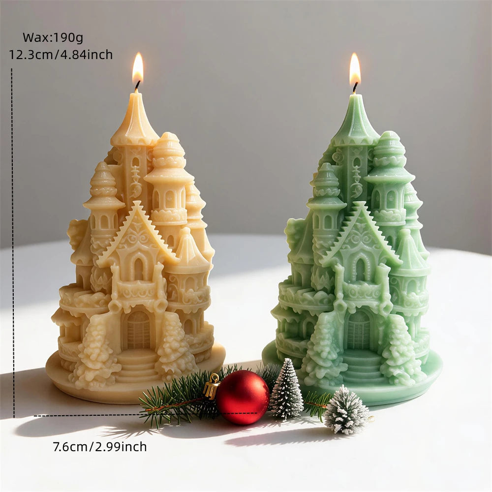Castle candle measurement diagram with 12.3 cm height, 7.6 cm width and 190 g wax reference