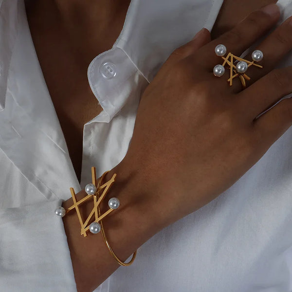 Imitation Pearls Geometry Ring & Bracelet