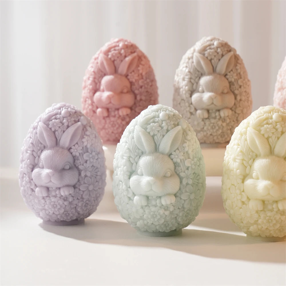 Pastel floral bunny eggs arranged on a stand