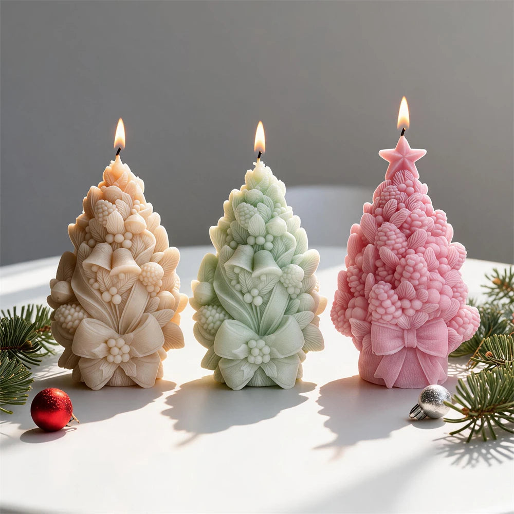 Tan mint and pink textured tree candles with bow-trimmed bases