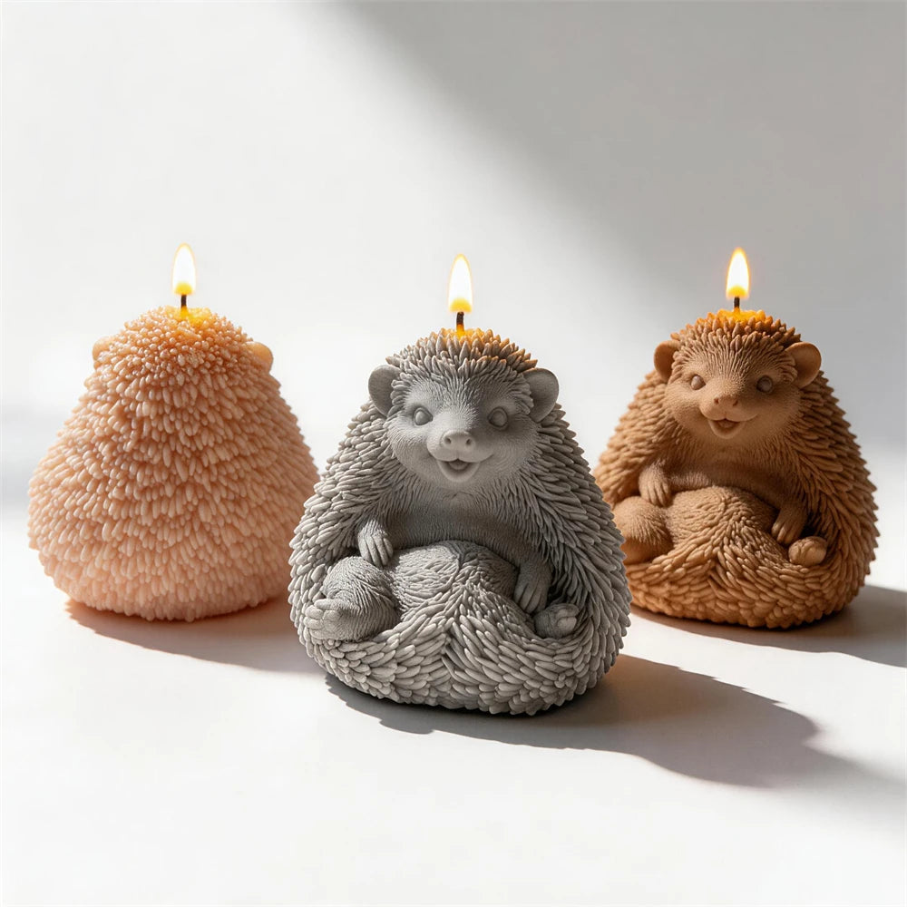 Rear and front views of hedgehog candles showing rounded spiny backs