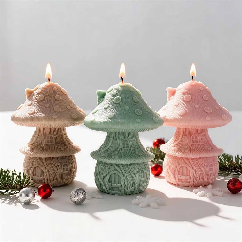 Tiered mushroom candles with raised cap edges viewed at an angle