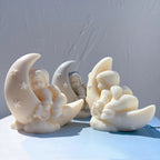 Angel figures seated inside star-decorated crescent moons