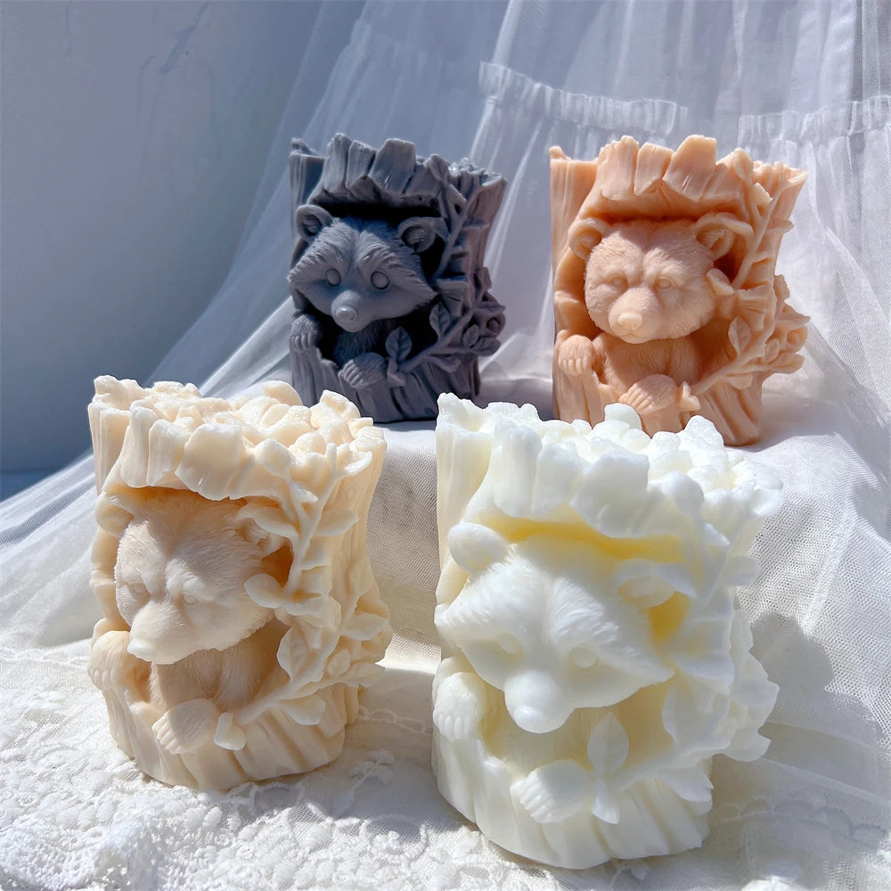 Bear and raccoon trunk figures in pastel colors