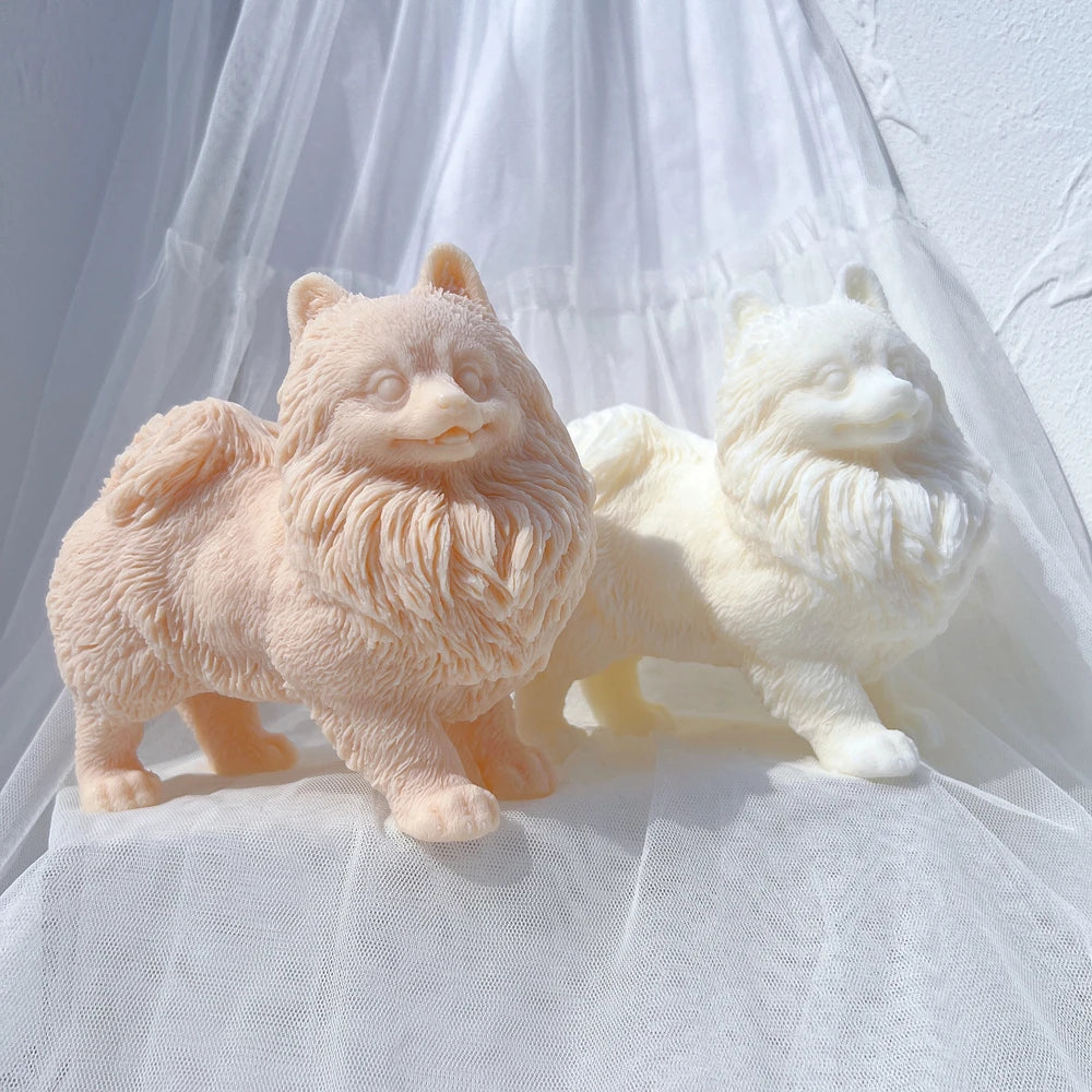 Two fluffy standing Pomeranian candle examples