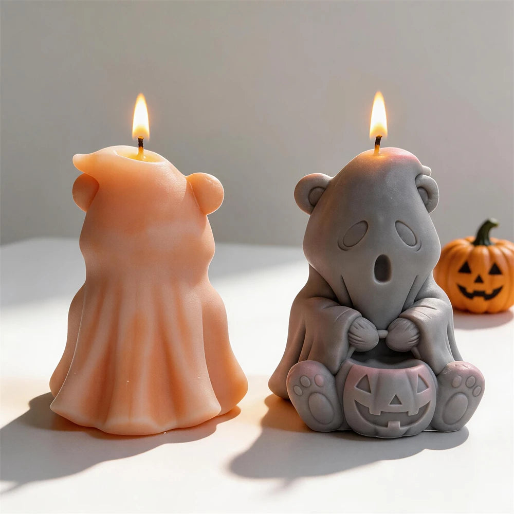 Front and rear ghost bear candle views showing the draped costume