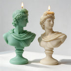 Mint green and cream classical Apollo-style bust candles with curled hair