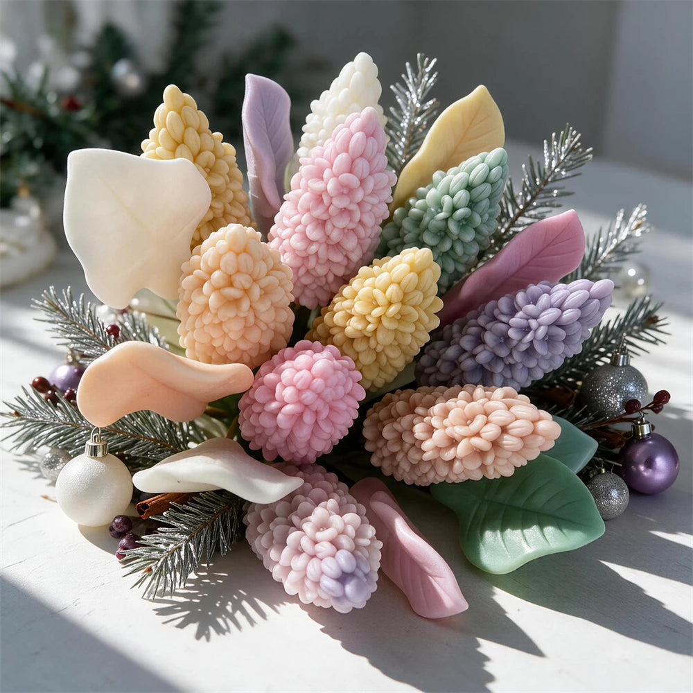 Top view of a mixed pastel lilac spike and leaf candle bouquet with foliage