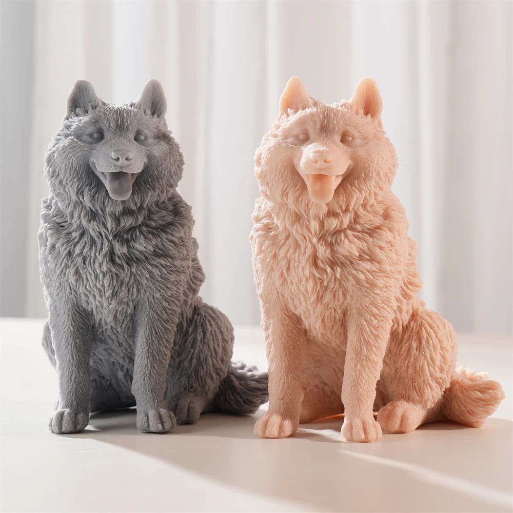 Gray and peach fluffy sitting dog candle castings with pointed ears
