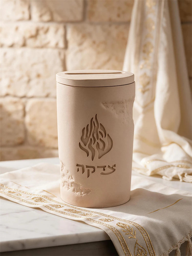 Front close-up of tzedakah box with flame-shaped emblem over Hebrew lettering