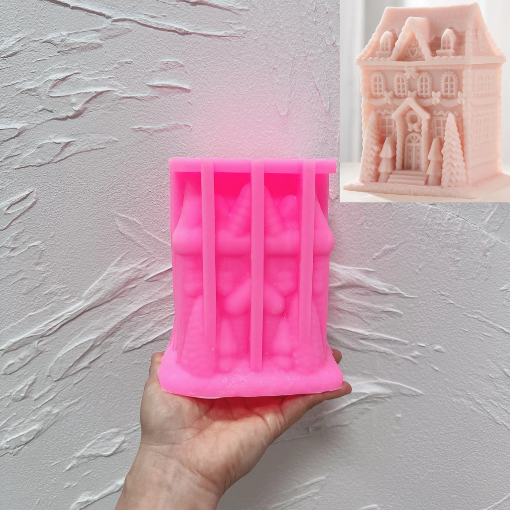 Pink silicone mold for tall gingerbread house design