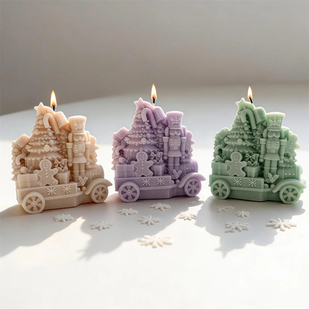 Angled view of Christmas train castings with gingerbread detail