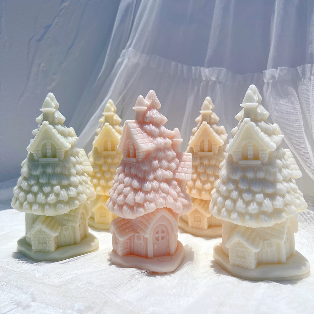 Tree cottages with layered branches and small windows