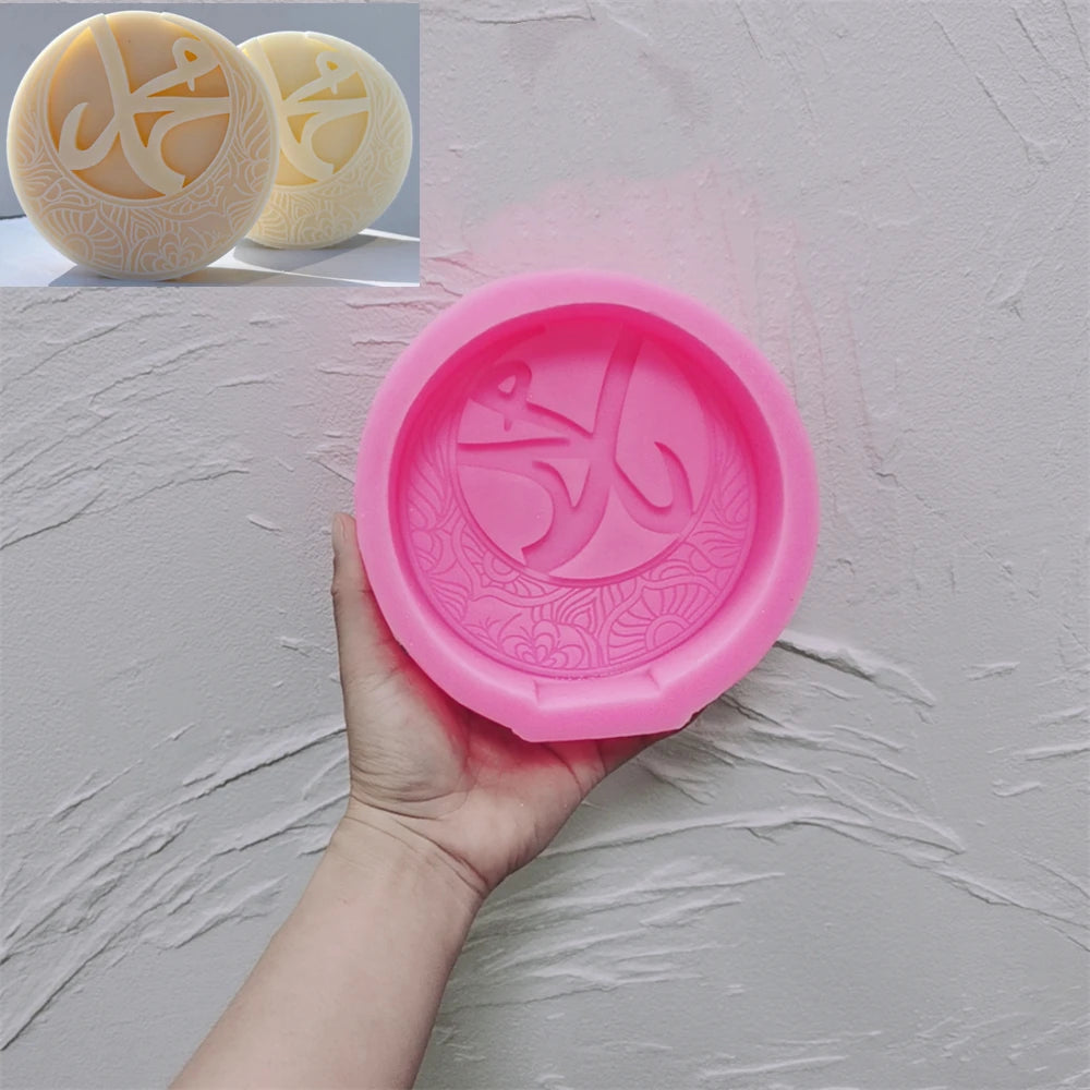 Pink silicone Round Script A plaque mold with circular calligraphy relief