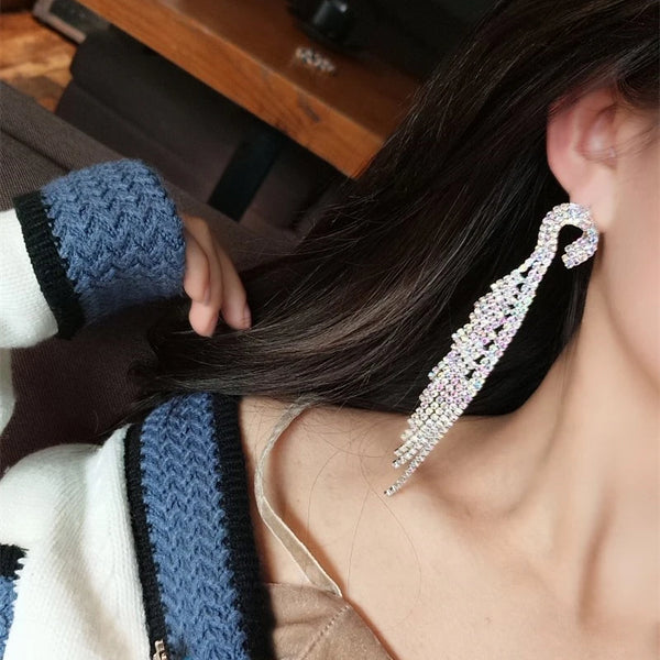 Shiny Full Rhinestone Long Tassel Earrings