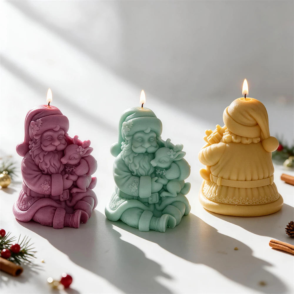 Side and rear views of seated Santa holding reindeer candles