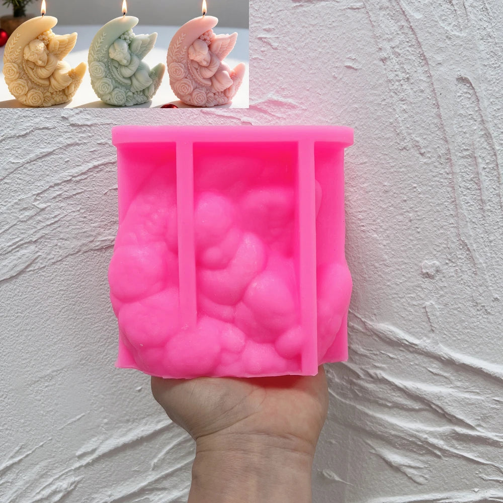 Pink silicone mold for crescent moon and angel candle design