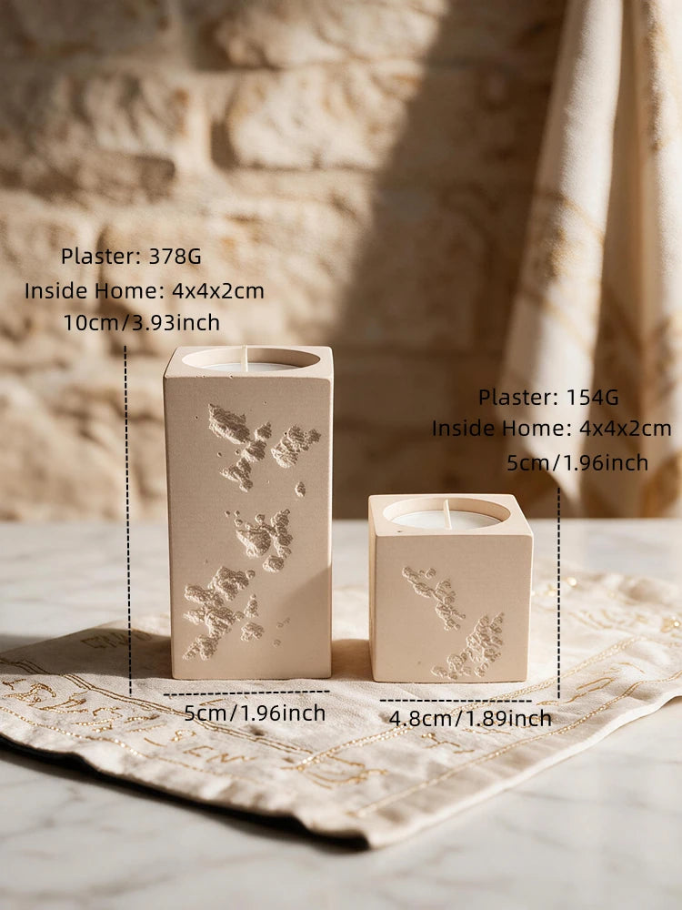 Rectangular botanical relief candle holders in two heights with dimensions