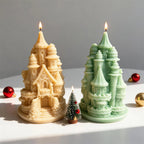 Front and rear views of turreted castle candles showing walls and roofs