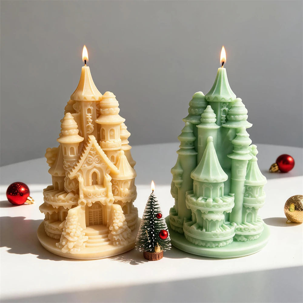 Front and rear views of turreted castle candles showing walls and roofs