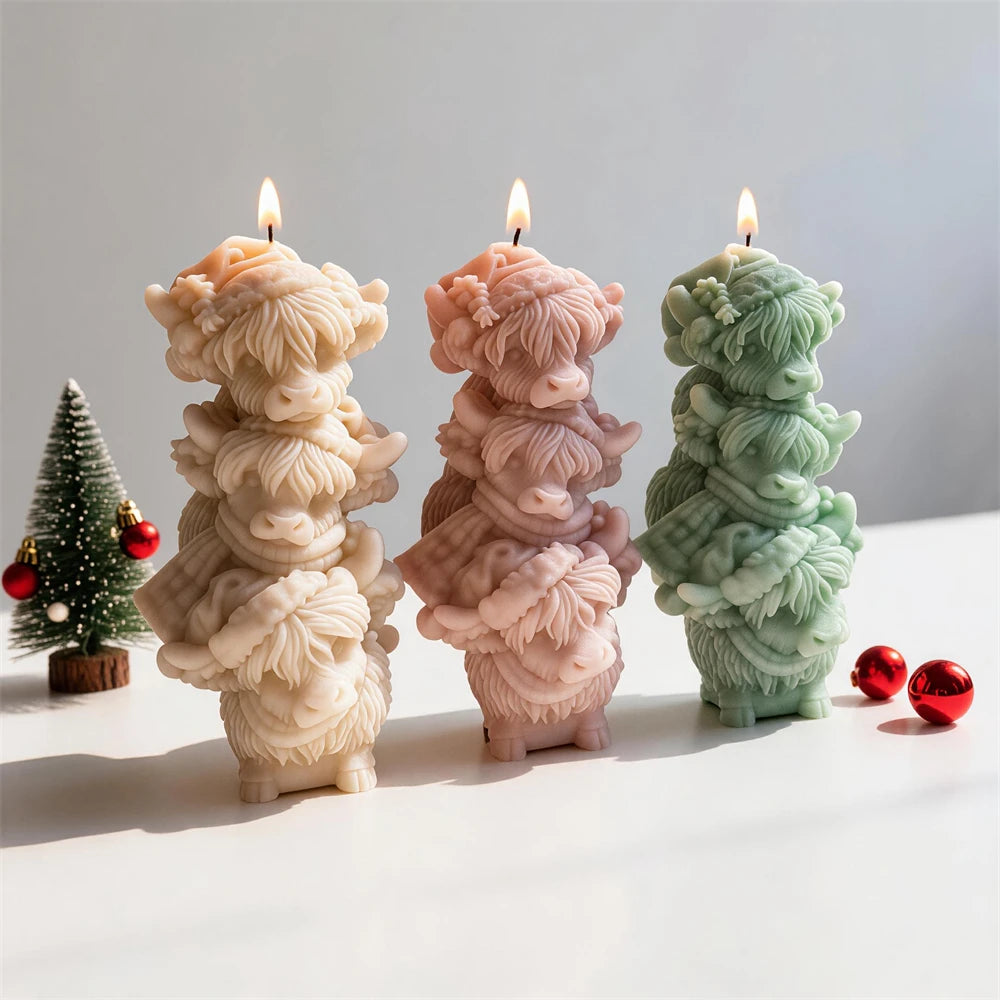 Cream pink and green cow-head stacks with horns and long fringes