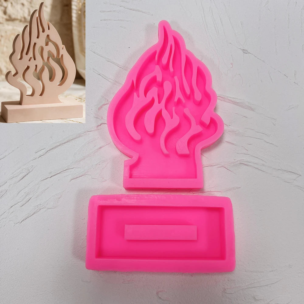 Pink silicone flame plaque and separate rectangular base mold components
