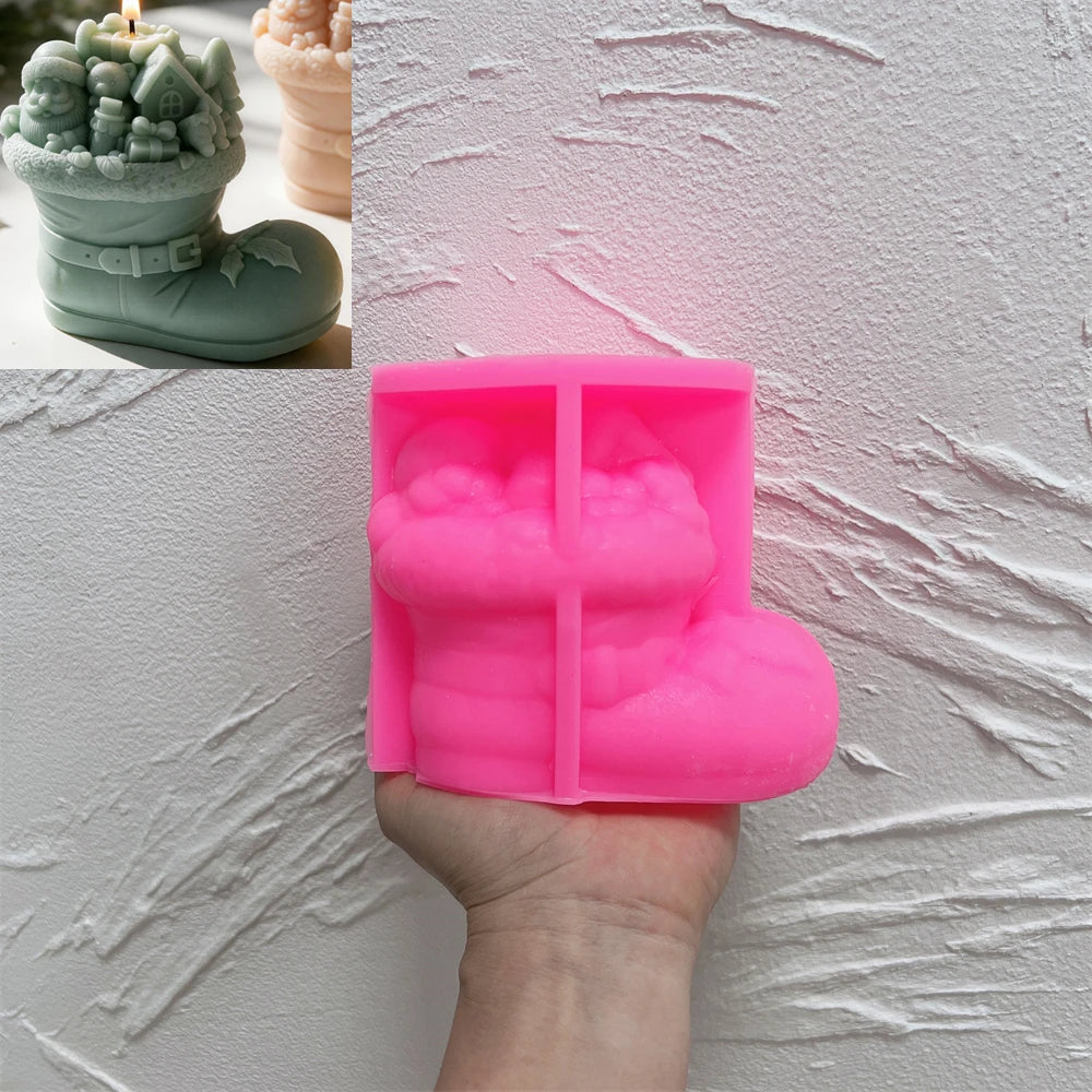 Pink Cottage Boot silicone mold with matching house-scene example