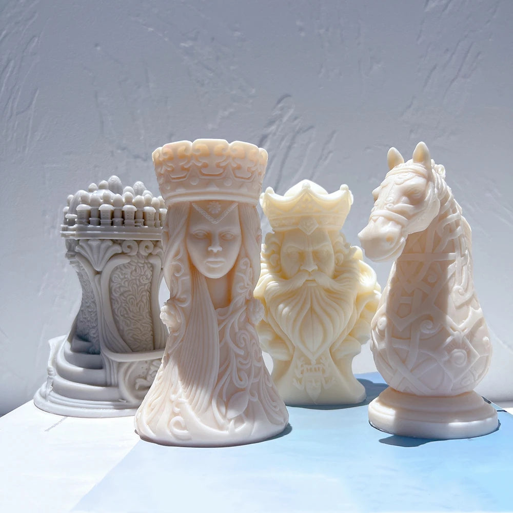 King, Queen, Knight and Rook character chess castings