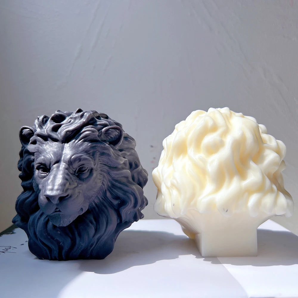 Dark and light lion heads from front and back to show all-around mane details