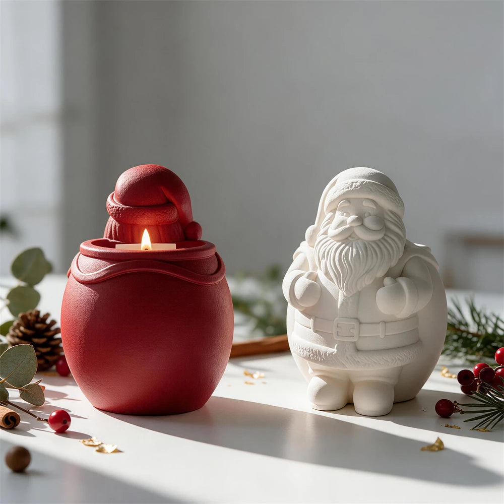 Back and front views of a red Santa-themed rounded vessel and white figure casting