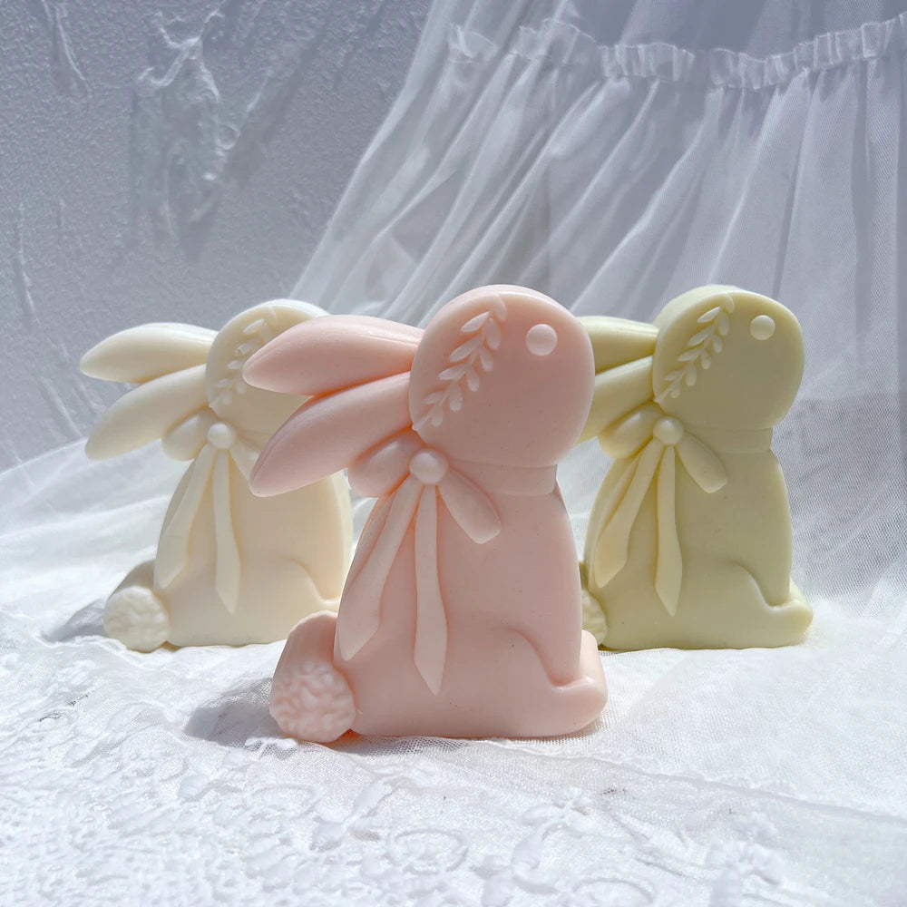 Pink rabbit casting showing head leaf detail and ribbon tails