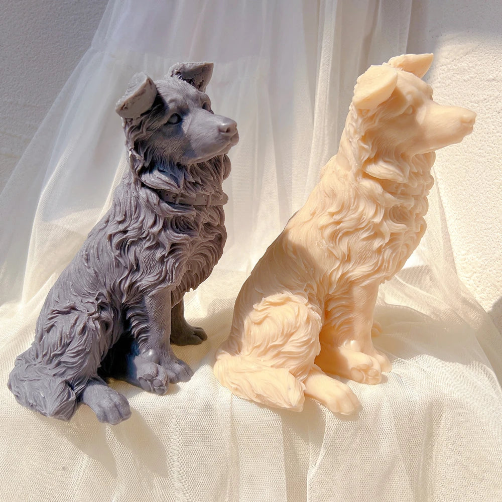 Side profiles of seated Collie castings with wavy coats