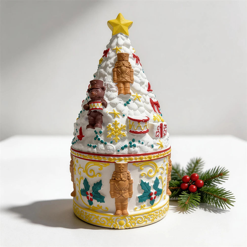 Close view of decorated Christmas tree lid with star and miniature nutcracker reliefs