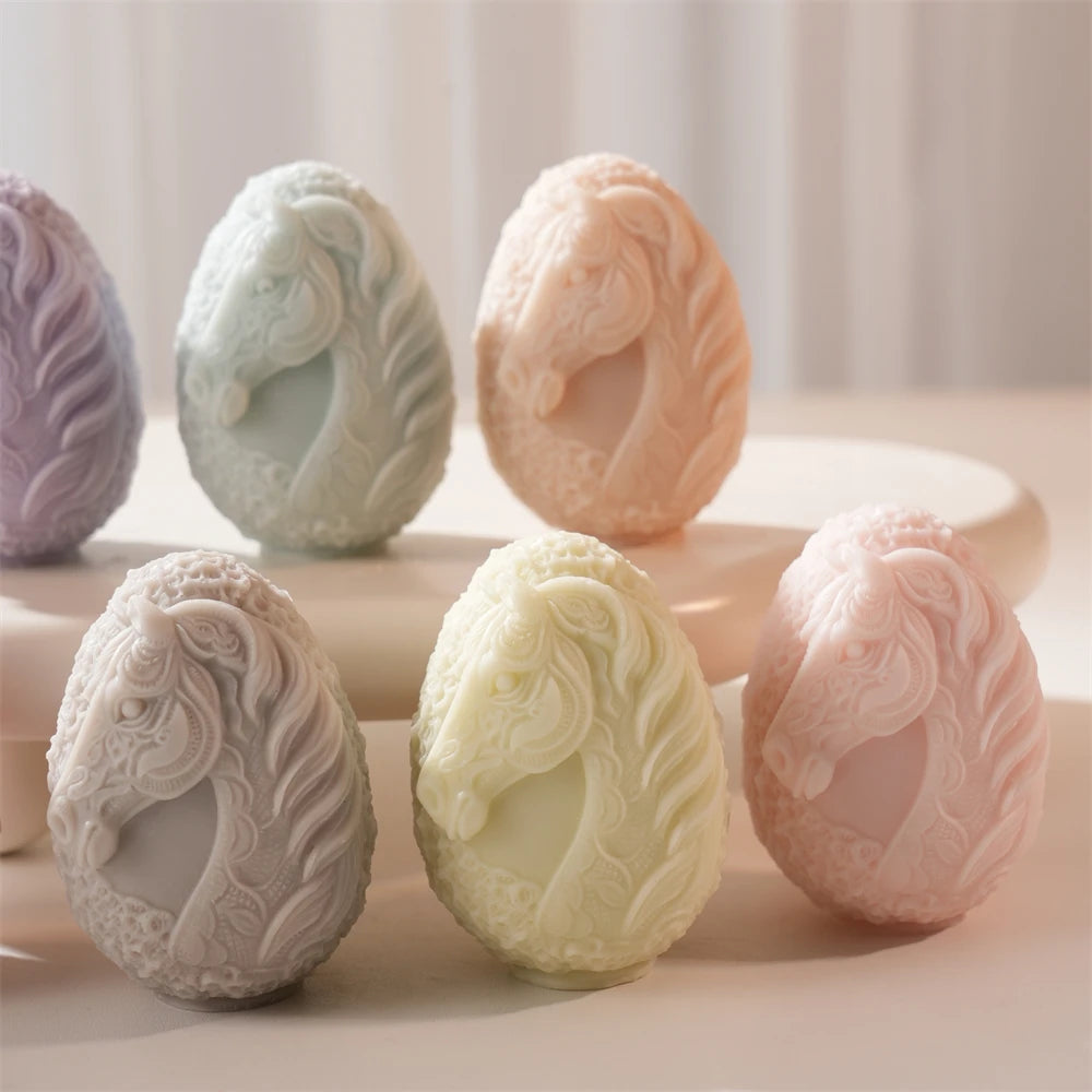 Angled horse-head embossed egg candles in assorted wax colors