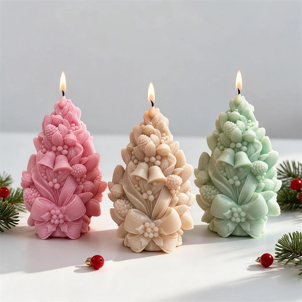 Pink, peach and green festive pinecone candle examples