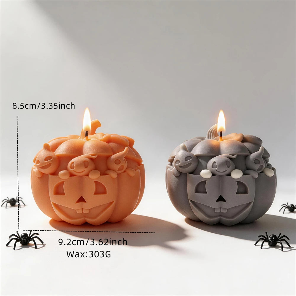 Ghost pumpkin size diagram showing 8.5 cm height, 9.2 cm width and 303 g wax reference
