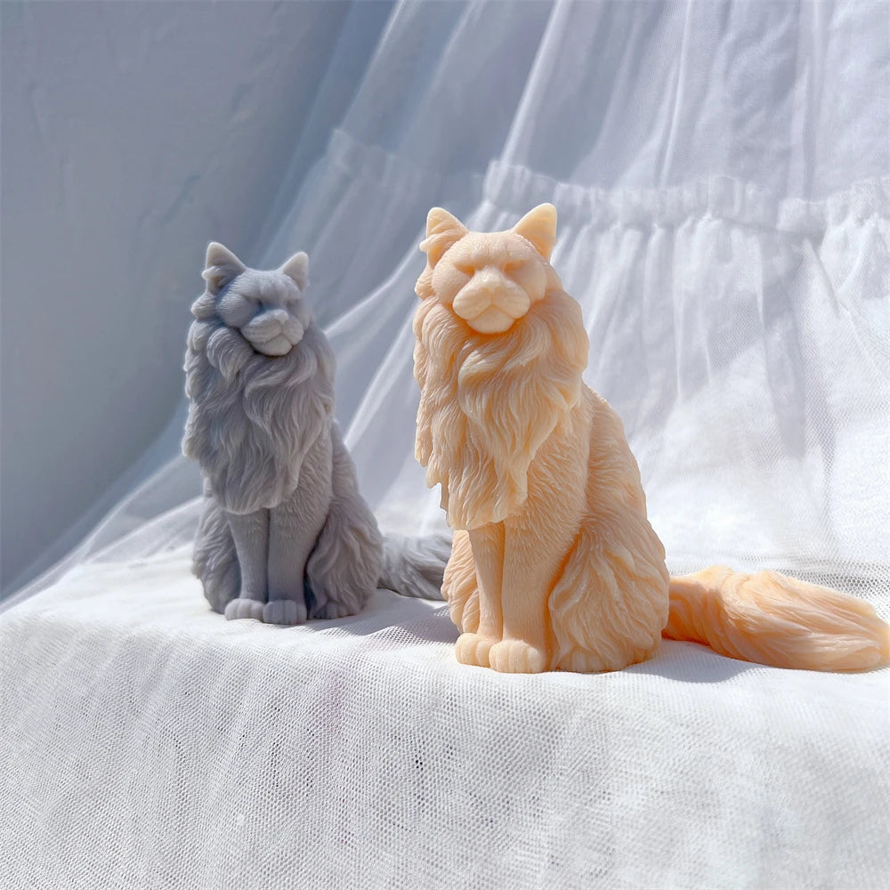 Gray and peach long-haired seated cat castings