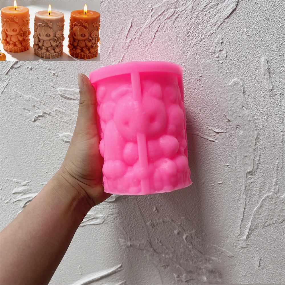 Pink silicone Halloween pillar mold with stitched doll cavity