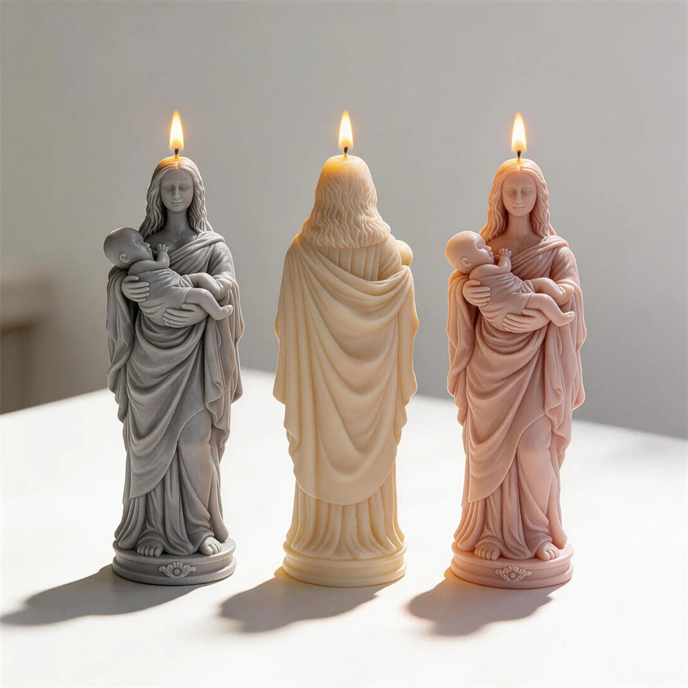 Rear robe folds beside front views of mother-and-baby figures