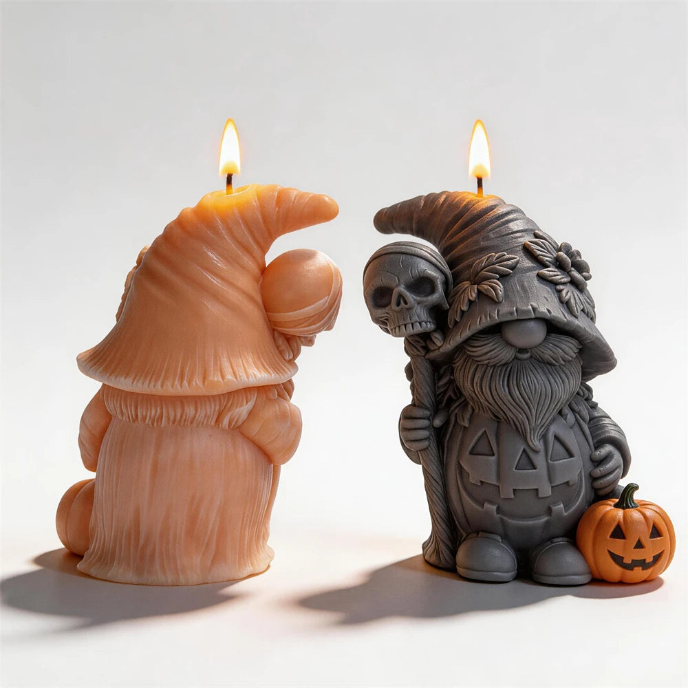Front and rear pumpkin gnome views showing hat and robe detail
