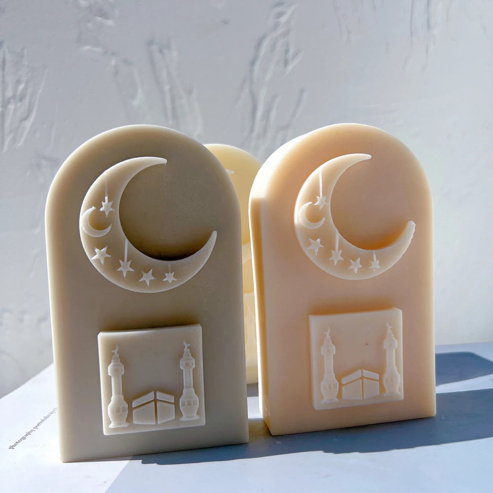 Close view of raised crescents stars and twin minaret relief