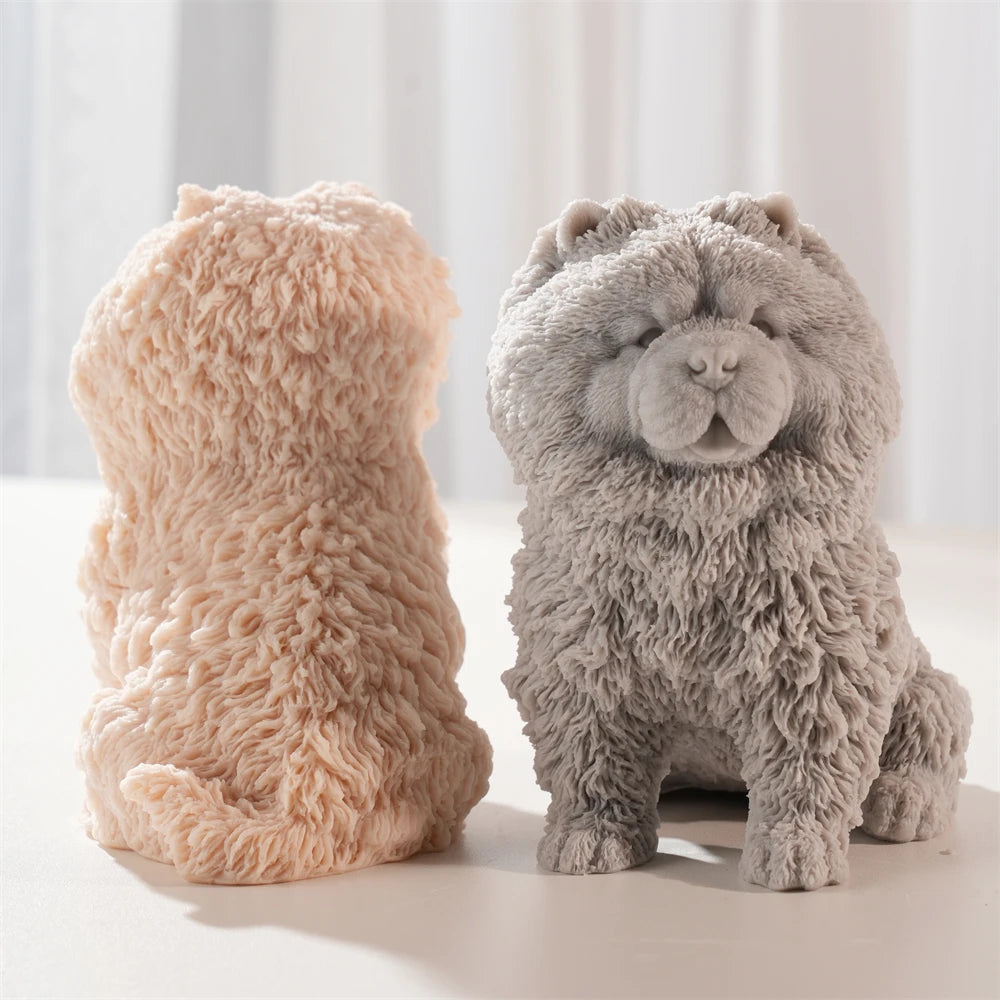 Rear view of peach sitting fluffy dog and front view of gray dog