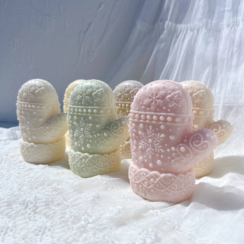 Patterned mittens in several pastel casting colors