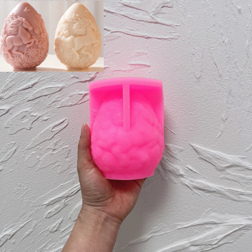 Pink silicone mold for larger horse-relief Easter egg candle