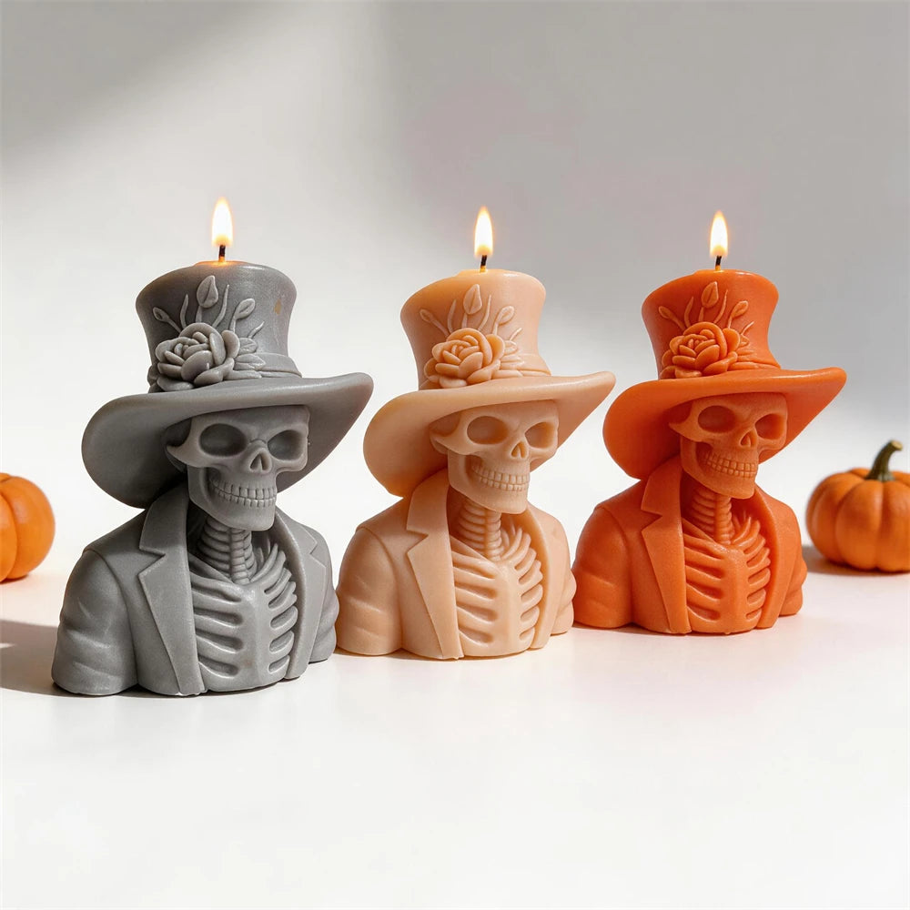 Gray, cream and orange skeleton candle busts with exposed ribs and jacket lapels