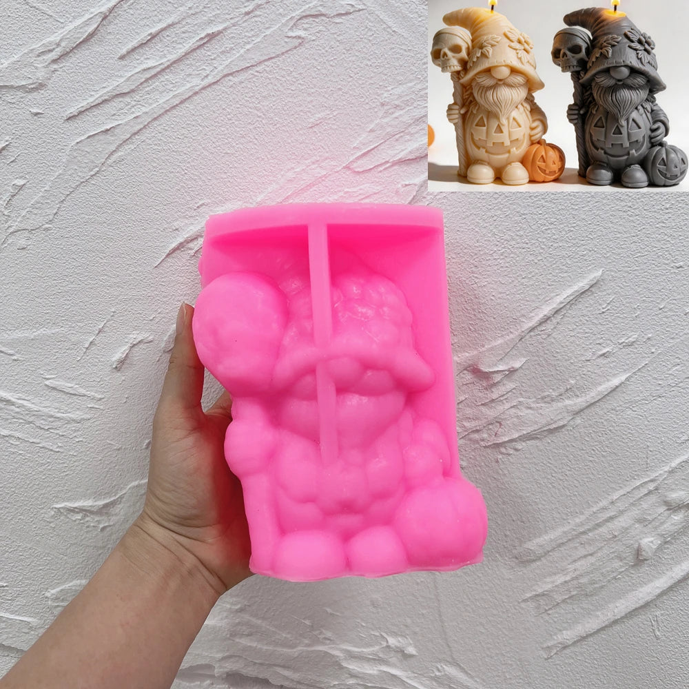 Pink silicone skull staff pumpkin gnome mold held open