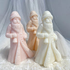 Front view of buttoned-coat Santa figures with long beards