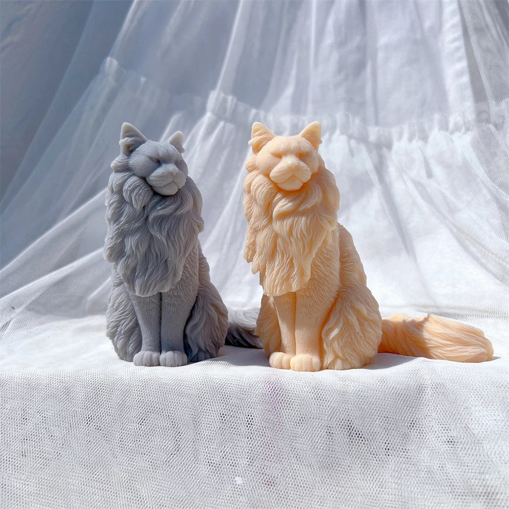 Pair of fluffy seated cats with sweeping tails