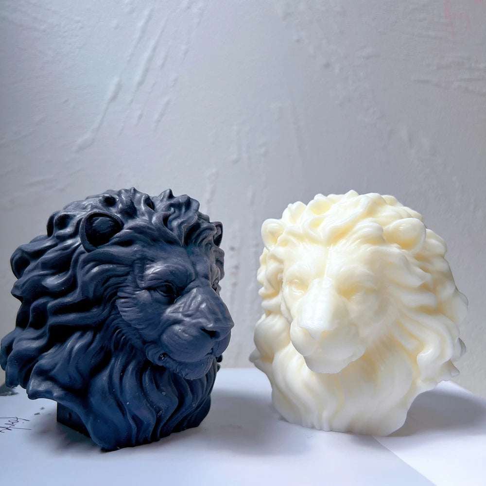 Dark blue and cream lion head casting examples with full curly manes